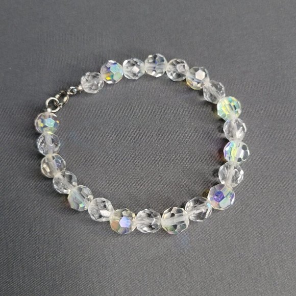 Womens Clear AB Aurora Borealis Beaded Bracelet Spring Ring Size 6 3/4 in - Picture 2 of 5